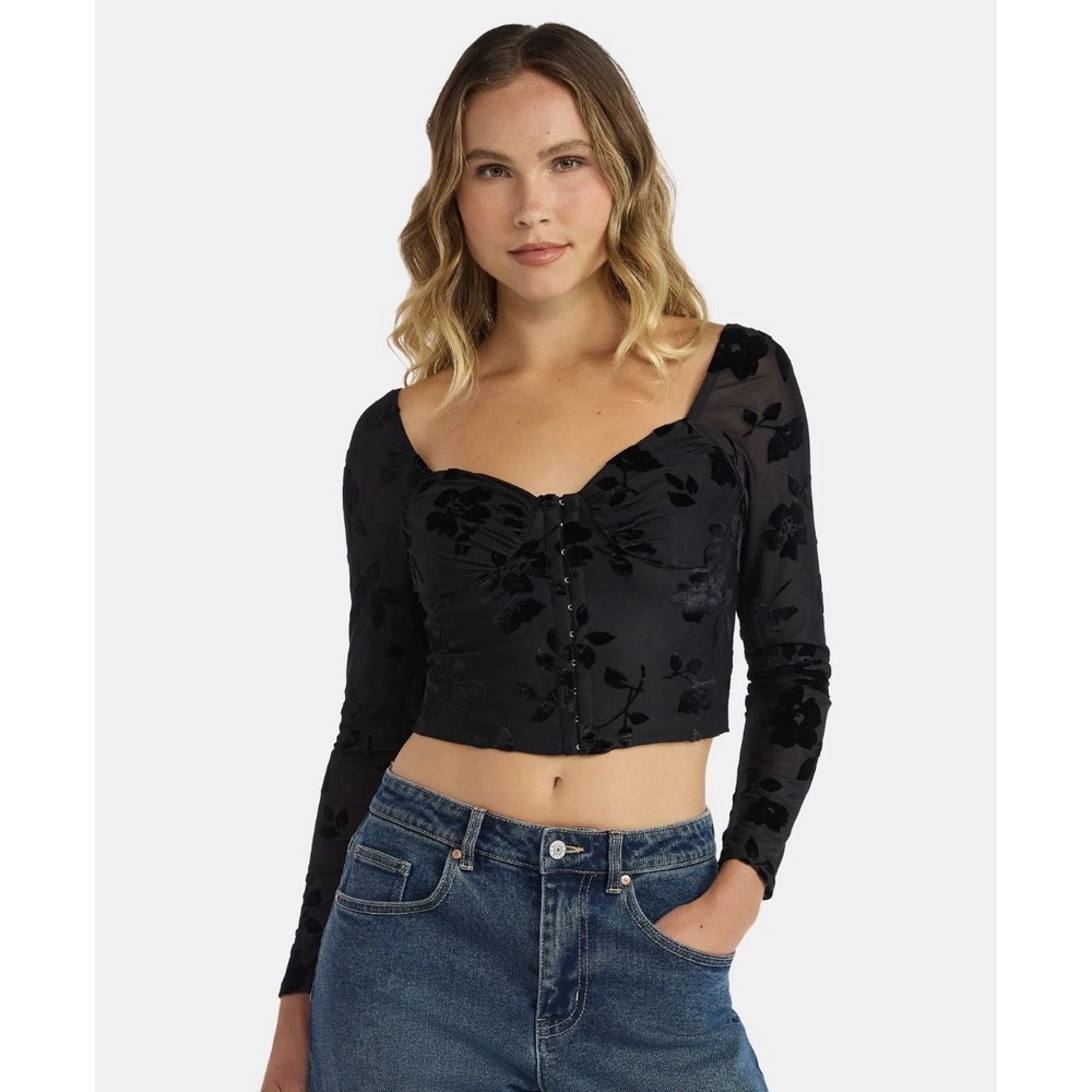 Madden NYC Black Velvet Flocked Floral Long Sleeve Corset Top Goth Romantic XXS